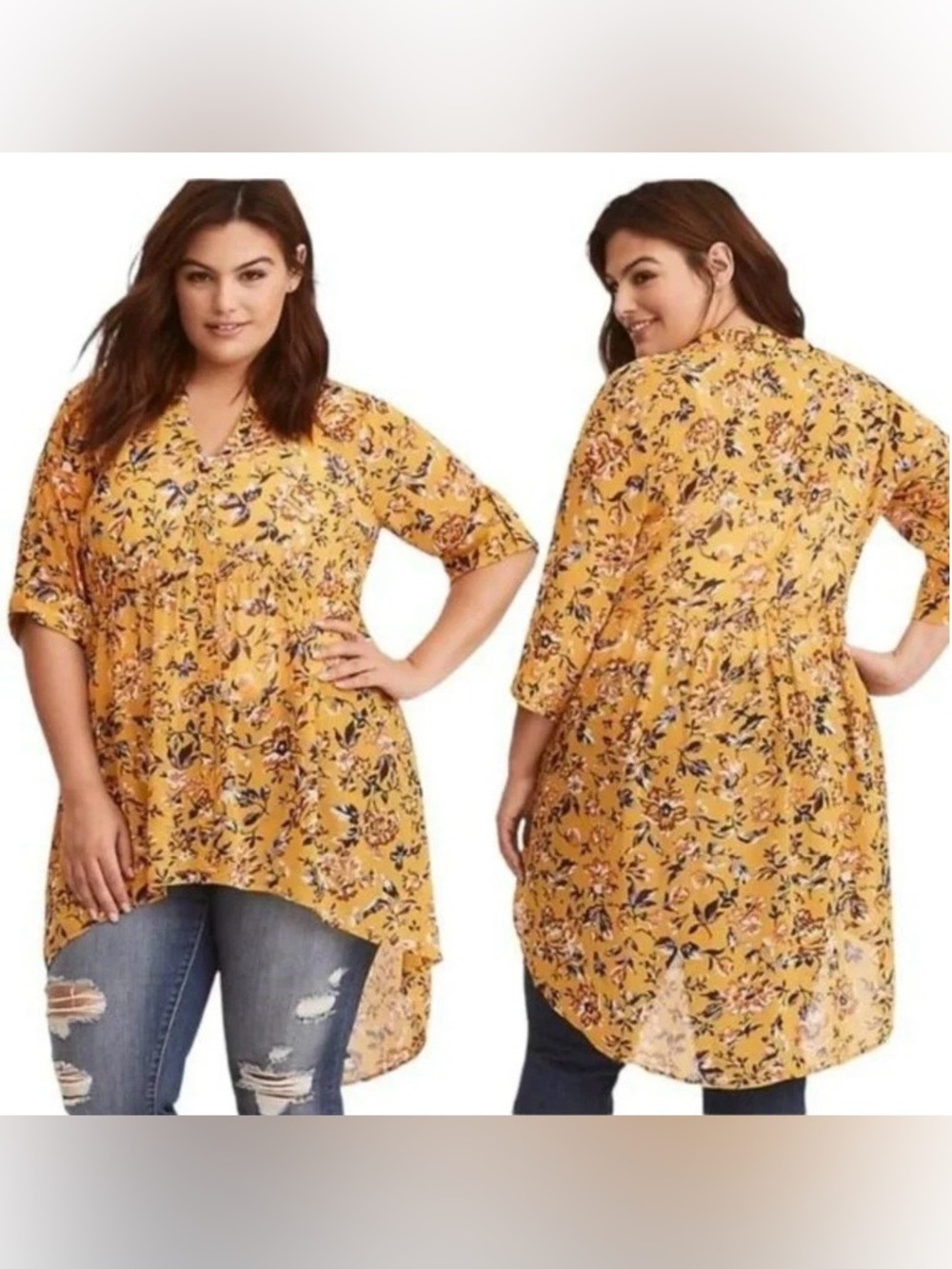 Torrid Mustard Floral High-Low Tunic Top - Plus Size 3